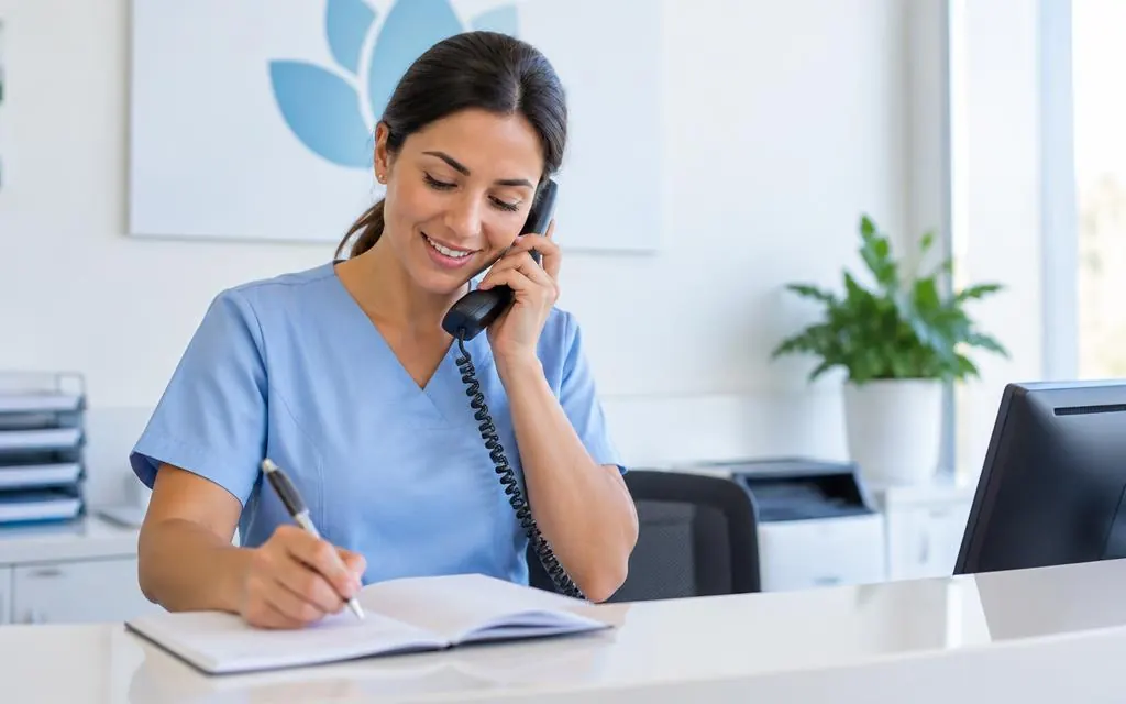 Recepcionista de clínica, de uniforme azul, falando ao telefone e anotando em um caderno no balcão
