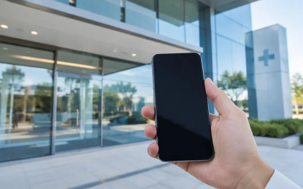 Mão segurando um smartphone em frente à fachada de vidro de uma clínica moderna