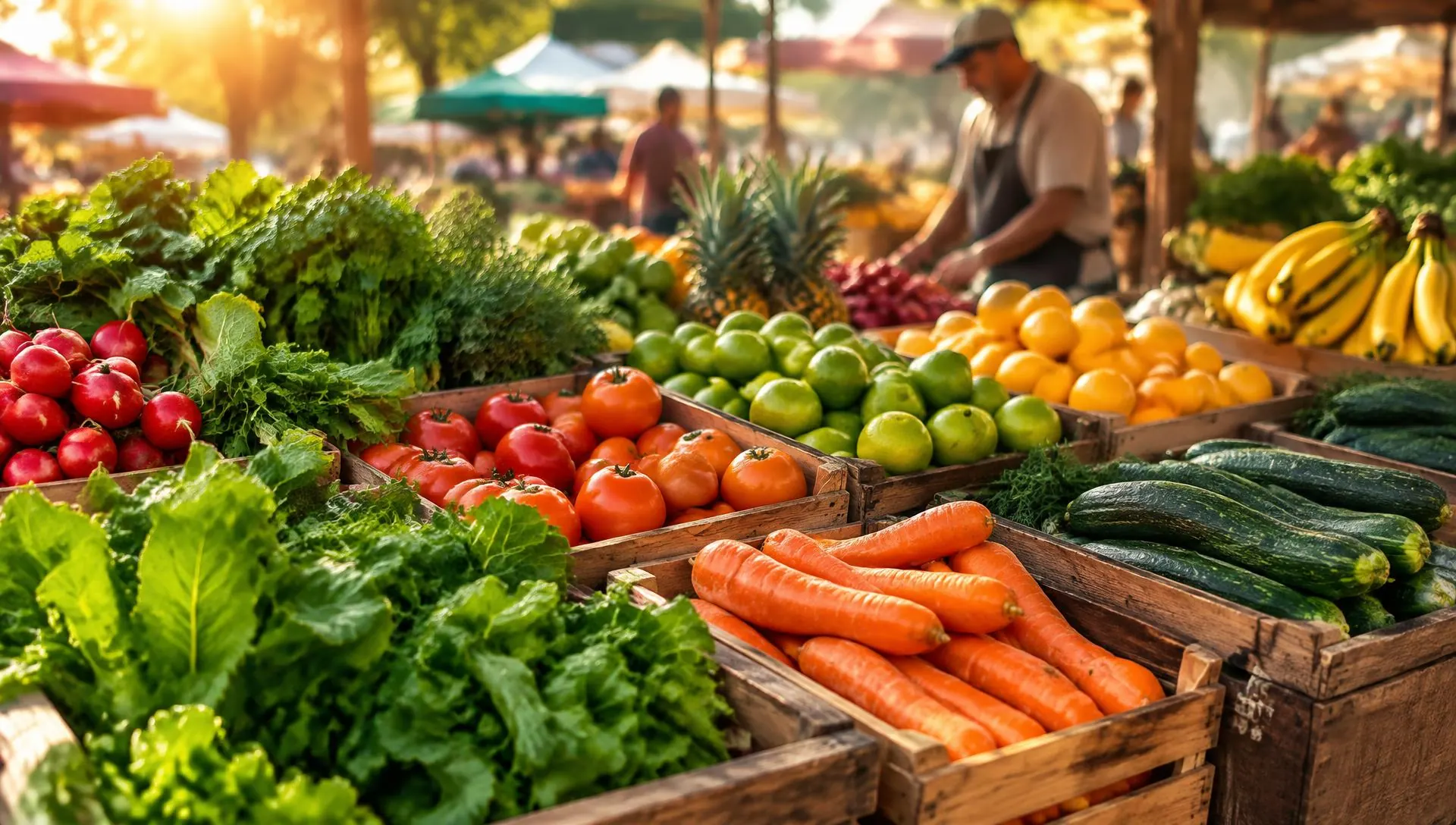 Feira com caixas de frutas, verduras e ervas frescas